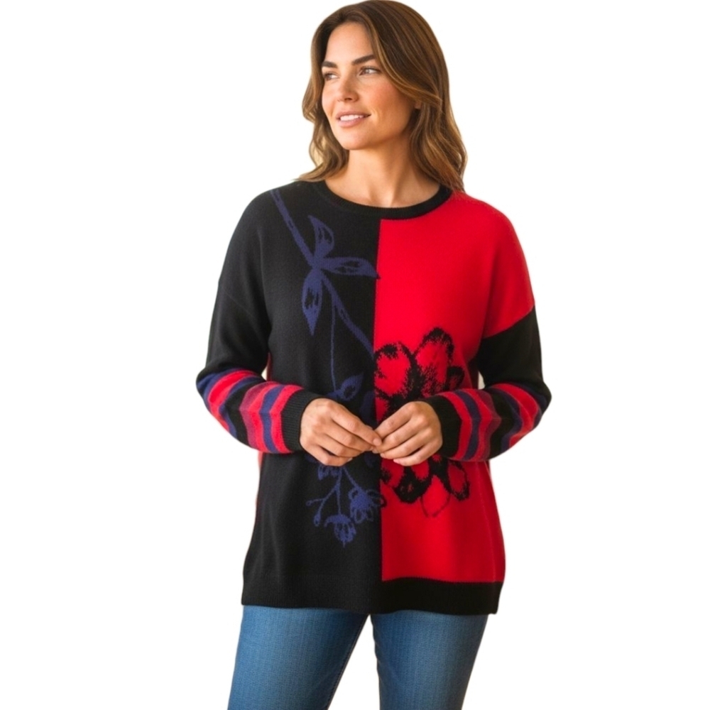BCB GENERATION Women's red,black,blue crew neck longsleve floral Sweater Size L